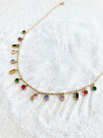 Load image into Gallery viewer, • Baguette Rainbow Gemstone Necklace | 18K Gold Necklace | Geometric Charm Pendant •
