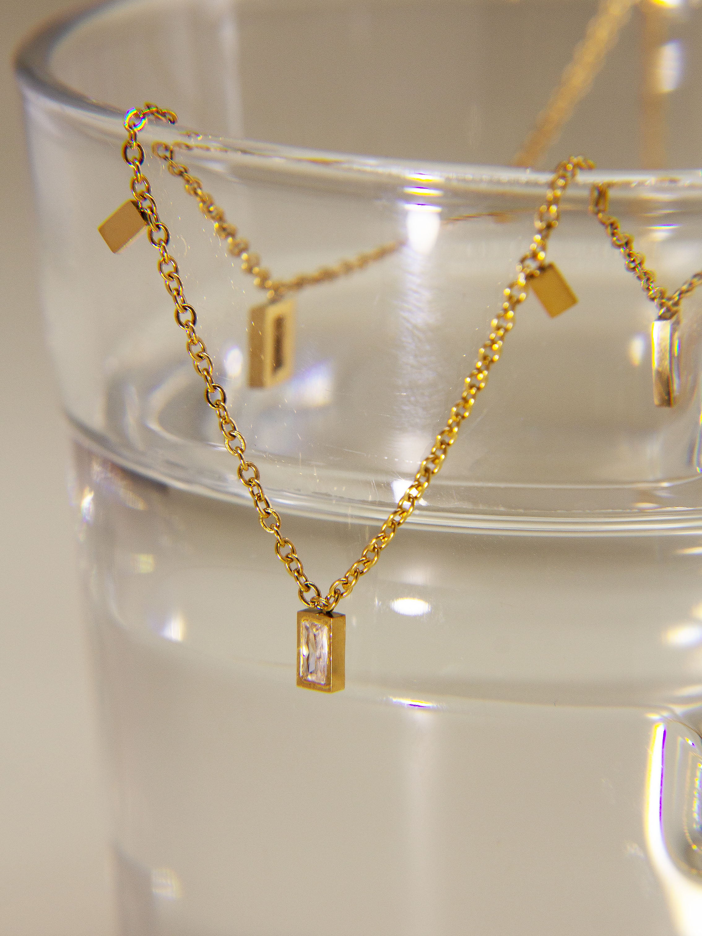 • Baguette Diamond Gold Necklace | 18K Gold | Geometric Charm Pendant •