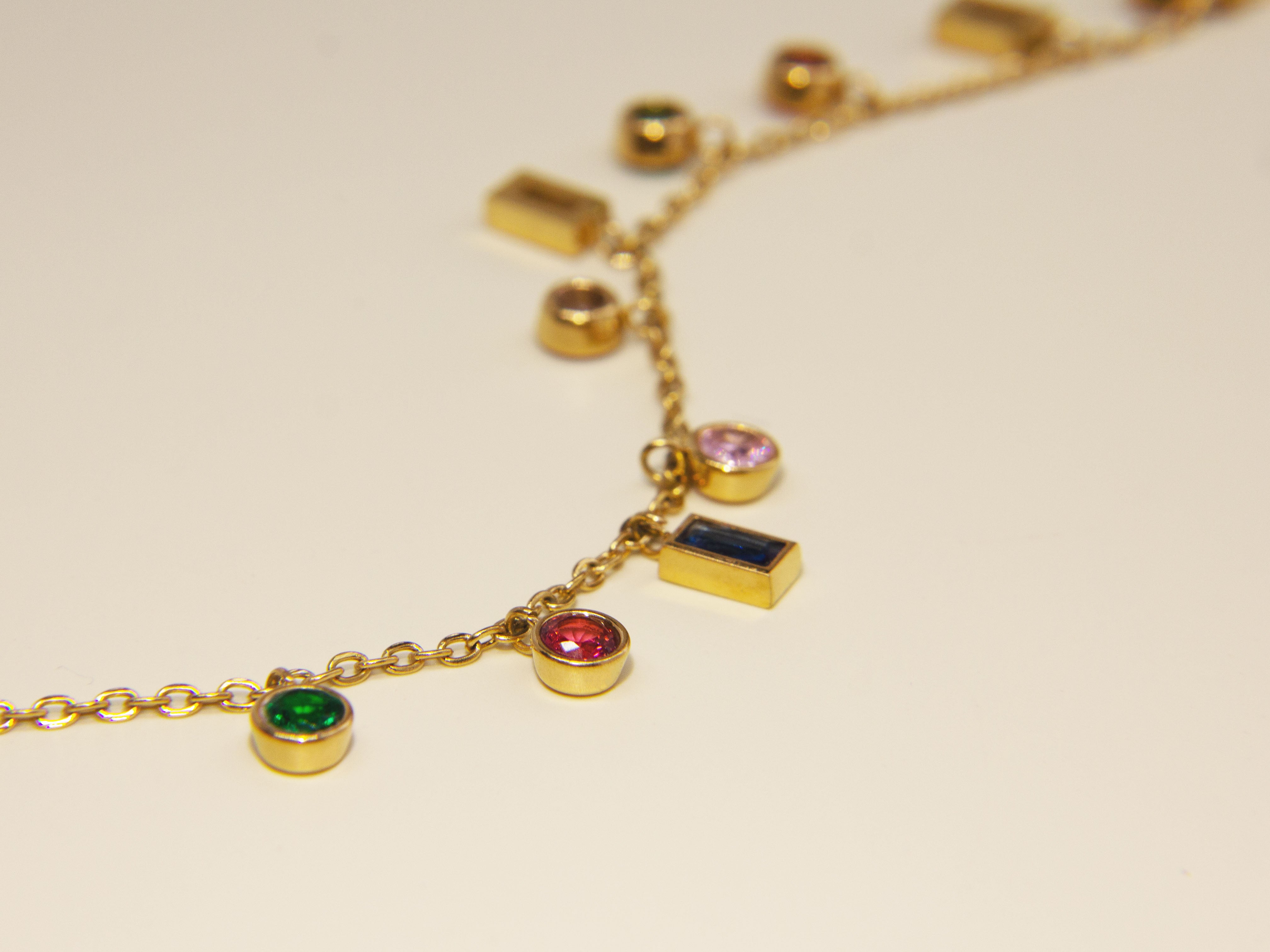 • Baguette Rainbow Gemstone Necklace | 18K Gold Necklace | Geometric Charm Pendant •