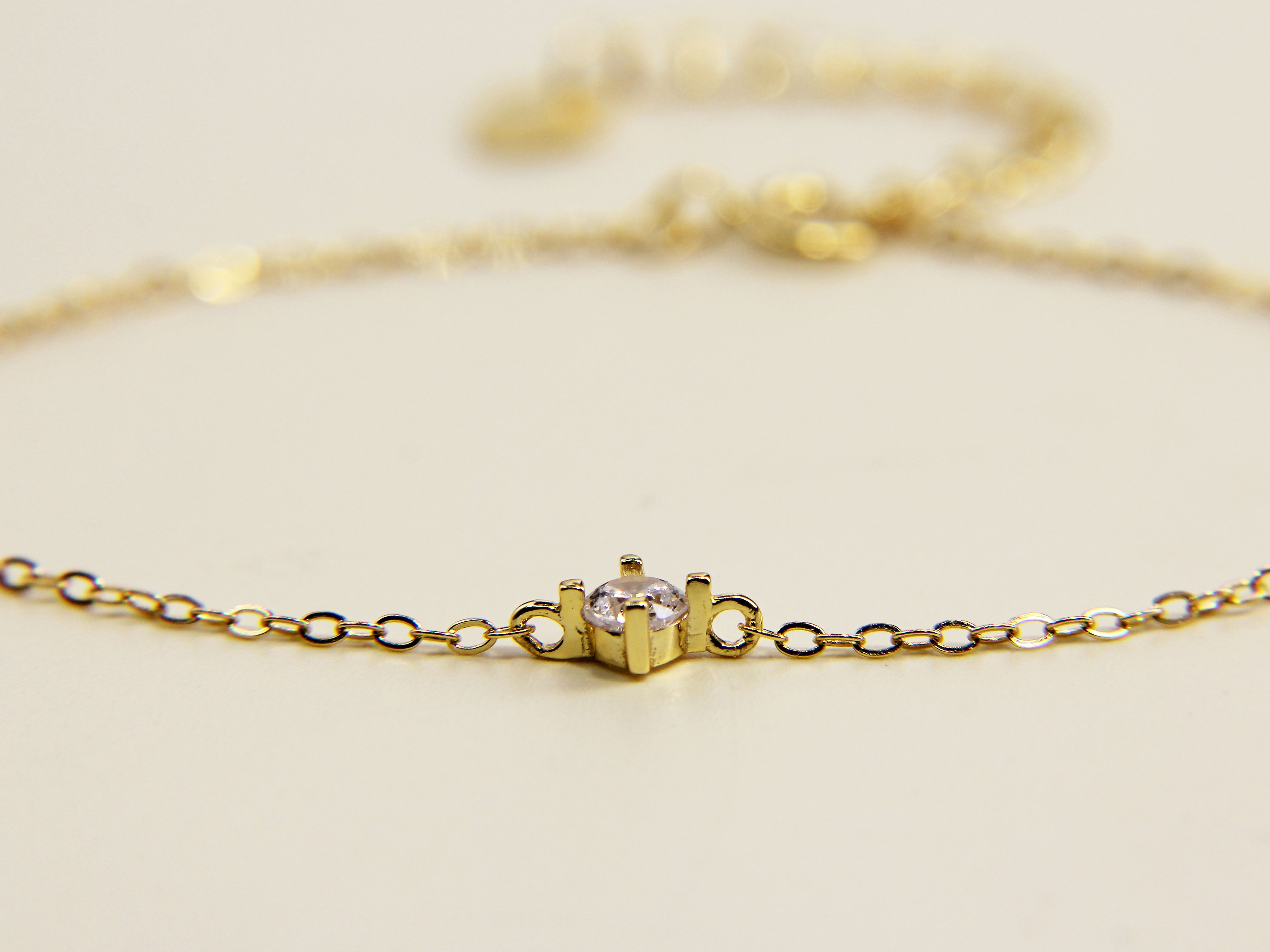 • Diamond Solitaire Bracelet Swarovski Style Chain Gold Dainty Bracelet •