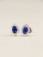 Load image into Gallery viewer, • Blue Sapphire Earrings Royal Blue Oval Stud Earring Diamond 18K Ear Studs •
