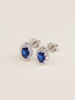 Load image into Gallery viewer, • Blue Sapphire Earrings Royal Blue Oval Stud Earring Diamond 18K Ear Studs •
