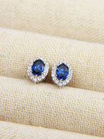 Load image into Gallery viewer, • Blue Sapphire Earrings Royal Blue Oval Stud Earring Diamond 18K Ear Studs •
