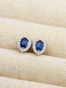 • Blue Sapphire Earrings Royal Blue Oval Stud Earring Diamond 18K Ear Studs •