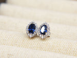 Load image into Gallery viewer, • Blue Sapphire Earrings Royal Blue Oval Stud Earring Diamond 18K Ear Studs •
