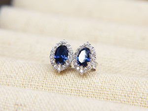 • Blue Sapphire Earrings Royal Blue Oval Stud Earring Diamond 18K Ear Studs •