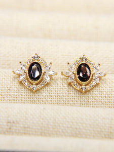 • Vintage Brown Crystal Earrings Oval Gemstone Stud Earrings Flower Topaz Earrings •