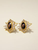 Load image into Gallery viewer, • Vintage Brown Crystal Earrings Oval Gemstone Stud Earrings Flower Topaz Earrings •
