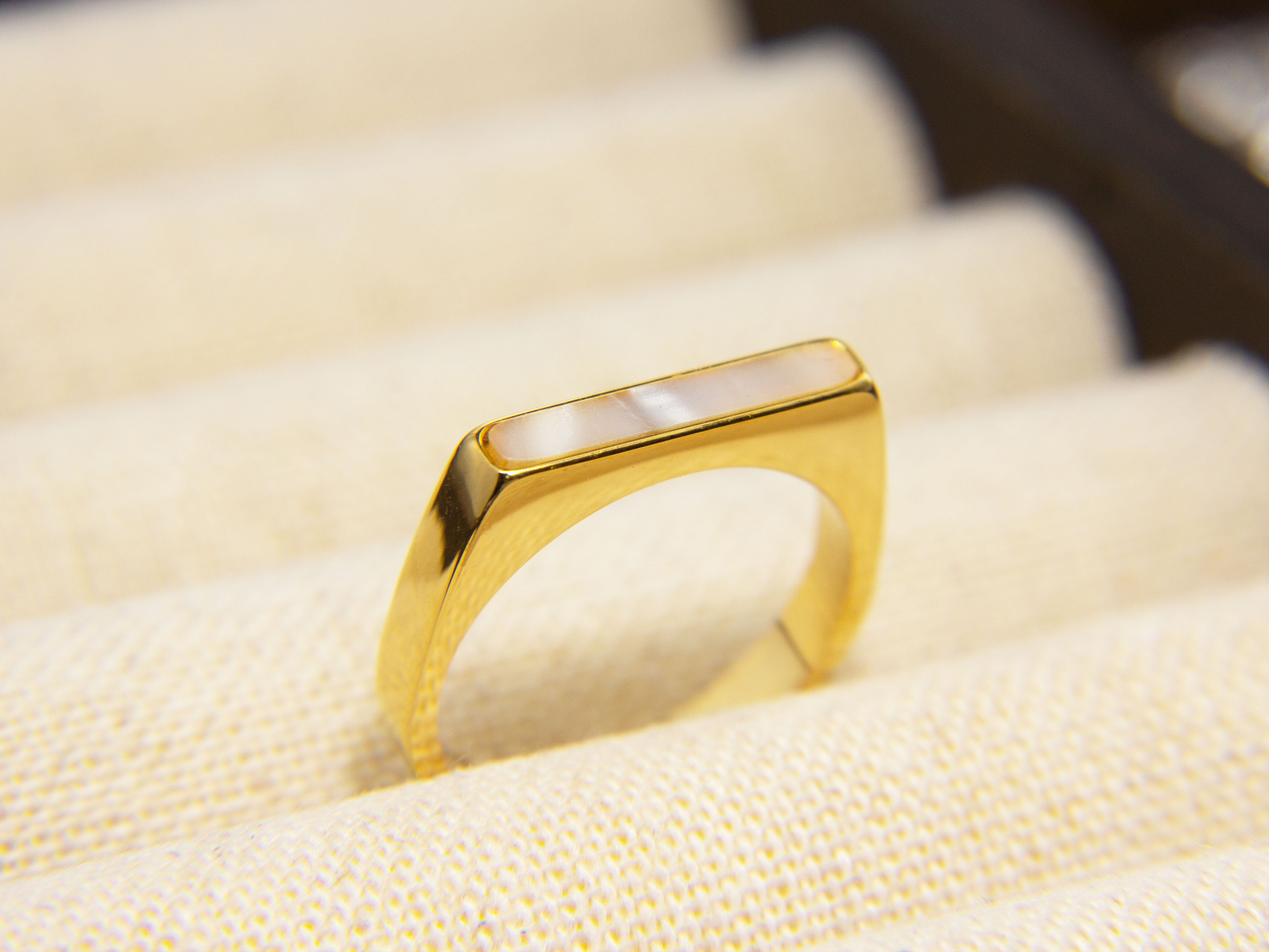 • Gold Line Ring  | Mother Of Pearl Ring | Dainty Mother Of Pearl Bar Ring  •