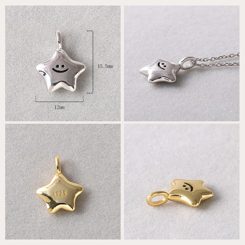 • Smiling Star Necklace Smiley Face Necklace Sterling Silver Pendant Jewelry •